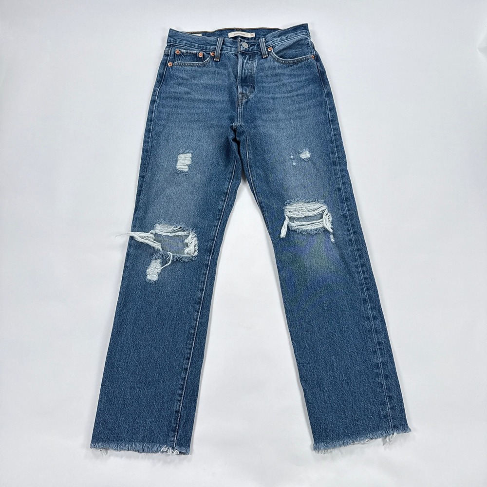 Levi's Premium Wedgie Straight Jeans‎ Womens 26 Blue Cotton Distressed Raw Hem